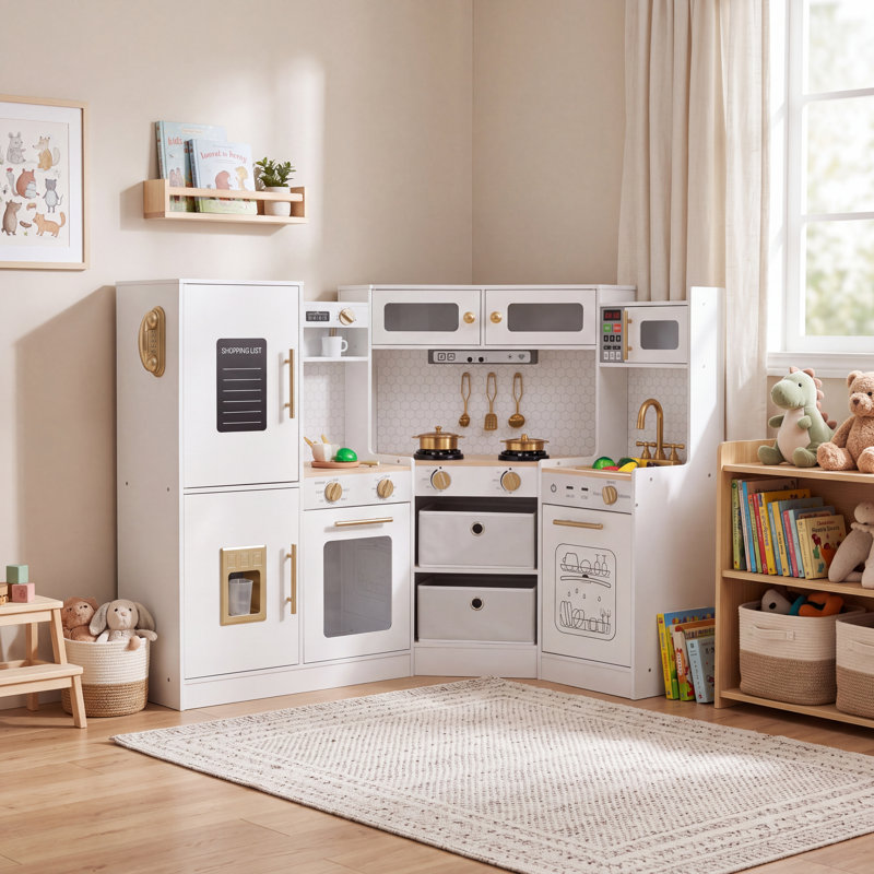 Ensemble de cuisine en bois pour enfants avec jeu de vaisselle, Blanc