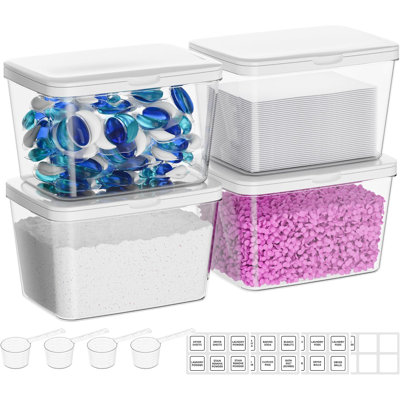 4‑Pack Clear Stackable Laundry Storage Bins with Lids, Laundry Pods, Detergent & Dryer Sheet Holder, Includes Labels & Scoop for Laundry Room Organization