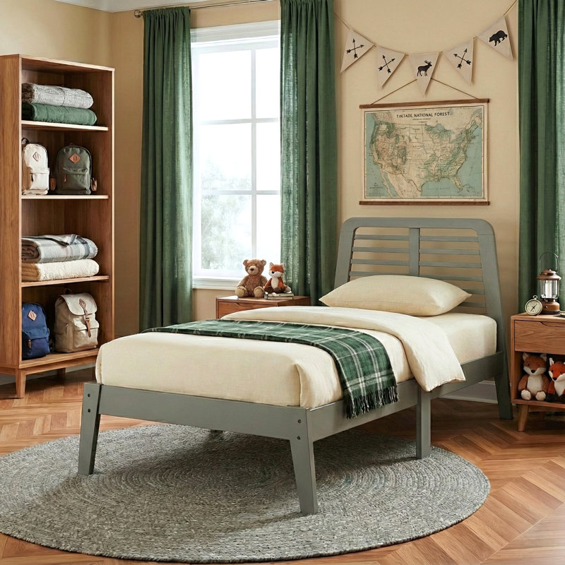 Allyannah Bustillo Modern Solid Wood Twin Platform Bed with Headboard, Gray