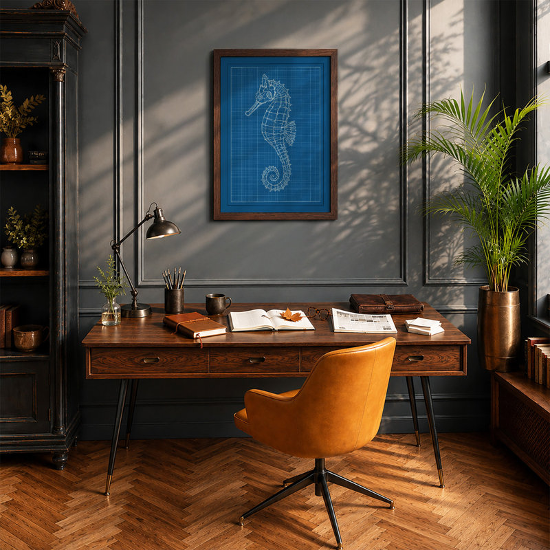Seahorse Blueprint Modern - Framed Print, A4 - 29.7 x 21.0 cm, Walnut