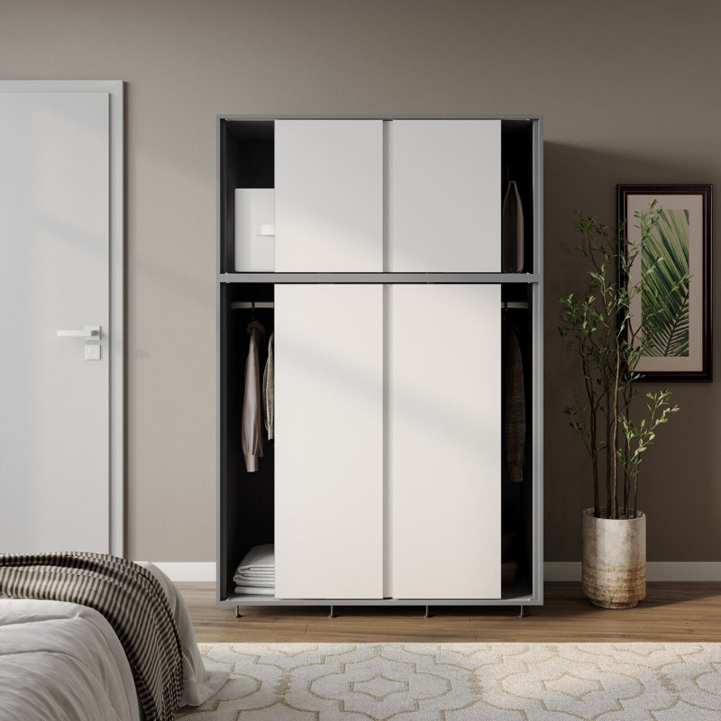2 Sliding Doors Wardrobe 2 Drawer Bedroom Clothes Hanging Rail Grey Carcass with Black Doors Storage Cupboard, Gray/White