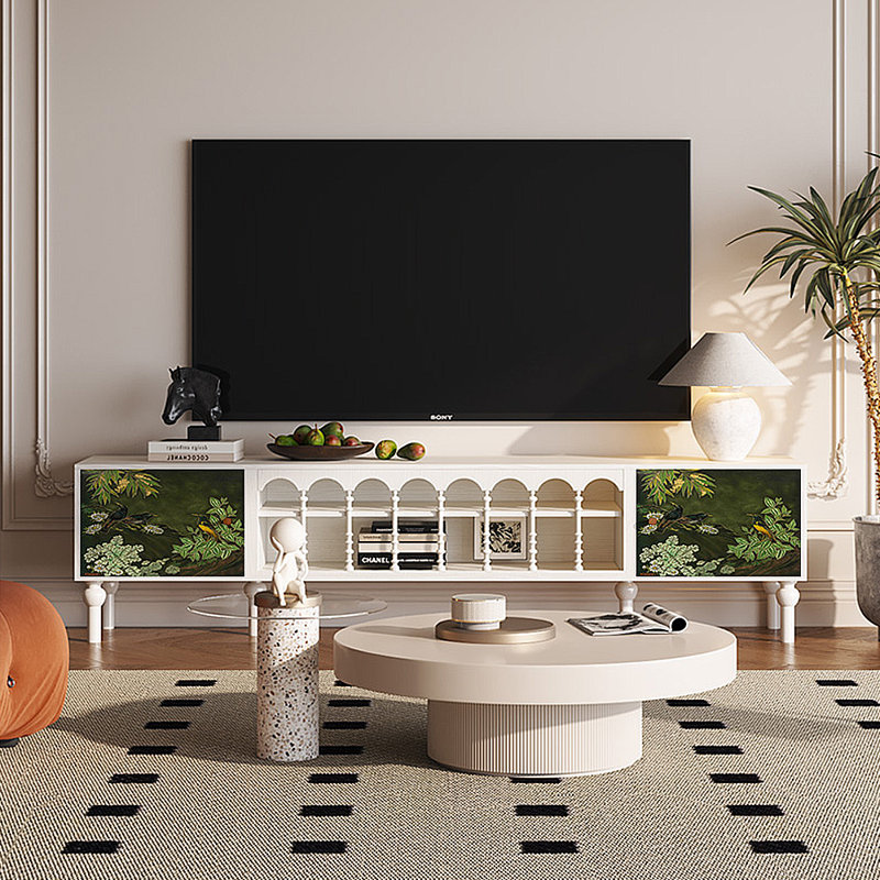 Meuble télé avec rangement peint français rétro, H 21,26 po x L 86,61 po x l 15,75 po, Blanc
