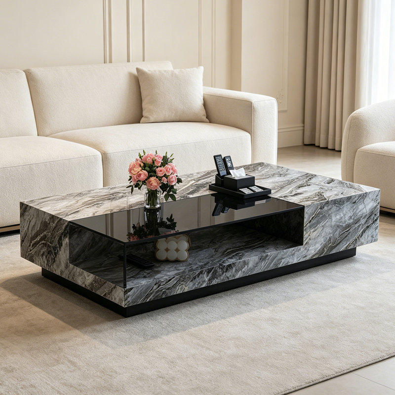 Table basse rectangulaire en ardoise avec rangement ouvert, Noir/gris, H 11,81 po x L 55,11 po x l 31,49 po