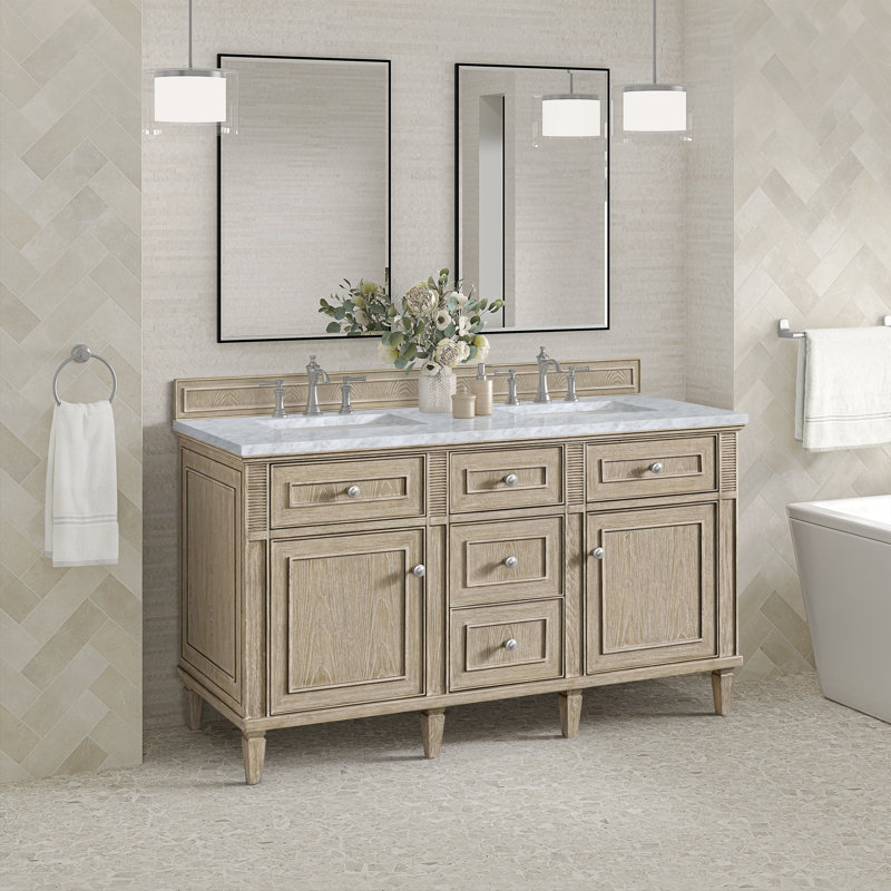 Lorelai 60'' W Double Vanity, Whitewashed Oak, 8" Widespread, Carrara White