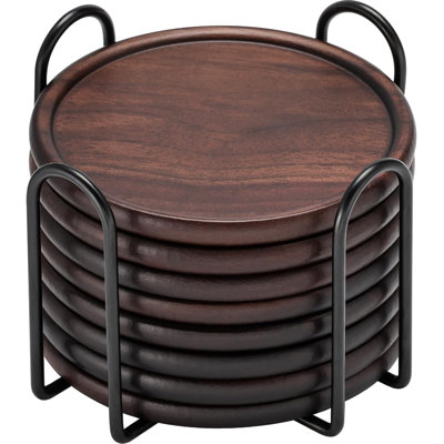 Wood Coasters With Metal Holder,Set Of 8 Walnut Wooden Coaster Tabletop Protection For Drinks Coffee Table Home Kitchen Office Bar Living Room Decor Housewarming Gifts Wedding Party, 4 Inch
