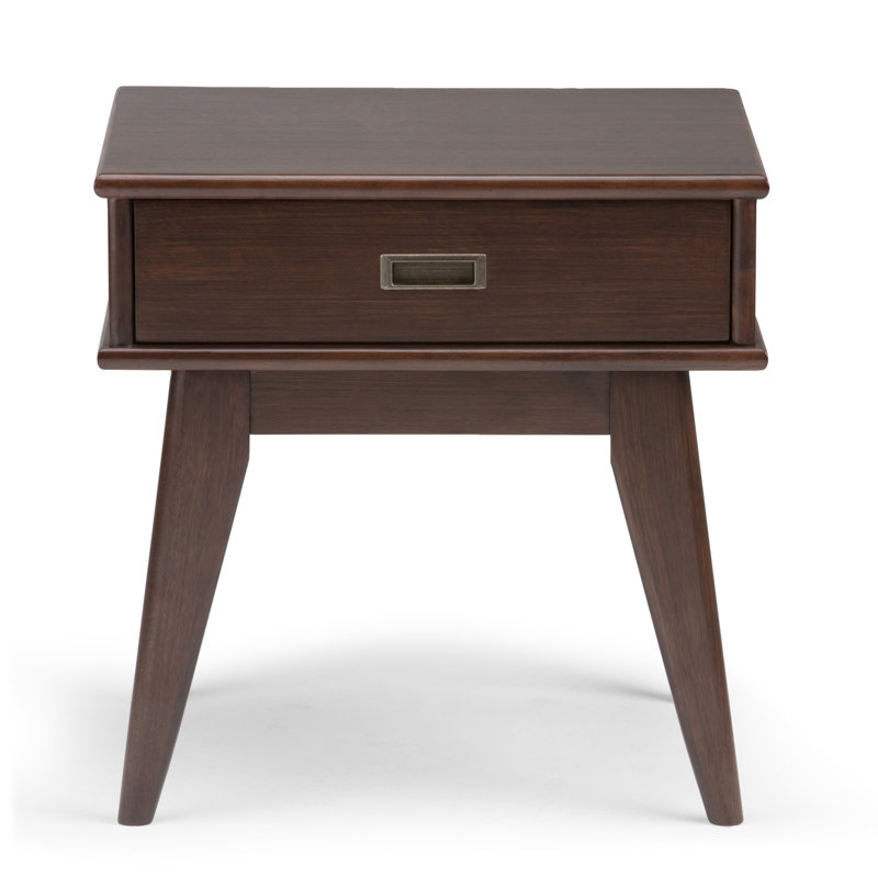Draper 22"W Solid Wood Mid-Century Modern Rectangular End Table with Storage Drawer, Auburn Brown