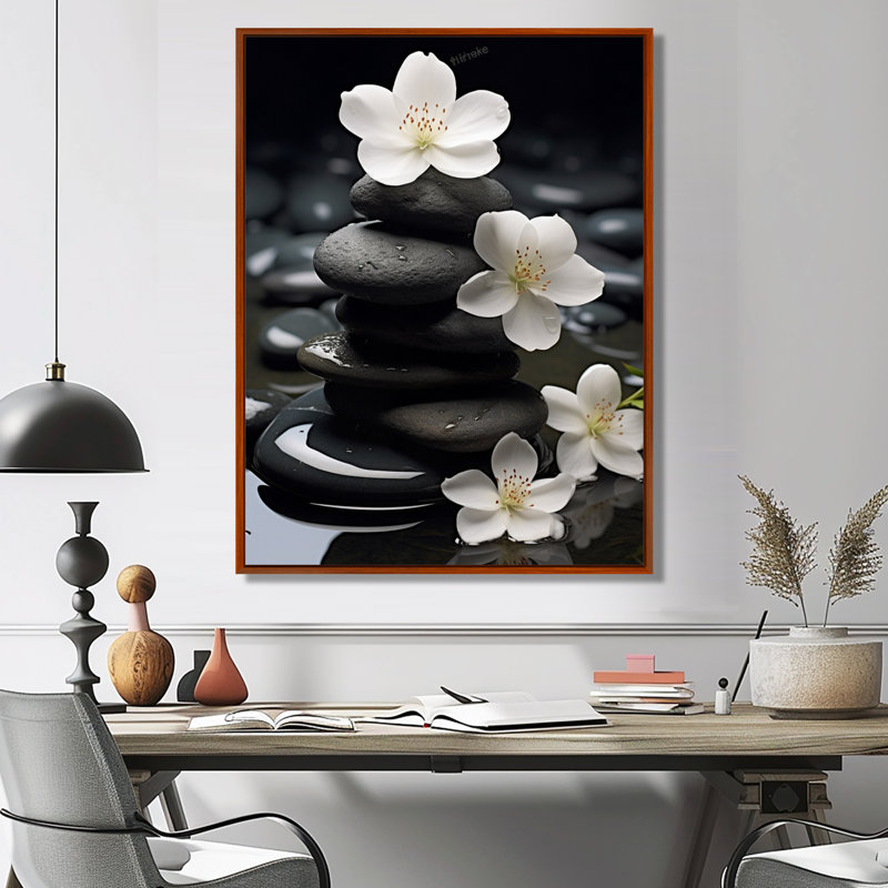 Zen Zen Serenity fleurs blanches pierre noire Cairn - impressions spirituelles sur pierre, H 20 po x l 12 po, Brun