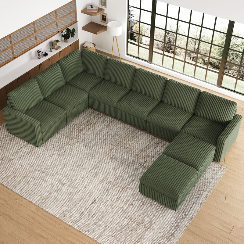 Oversized U Shaped Modular Corner Sectional Sofa With Storage Ottoman, Green Plush Corduroy