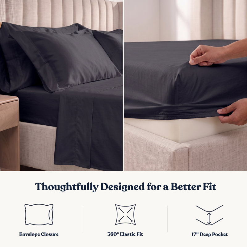 Delara GOTS Certified 100% Organic Cotton Sateen Sheet Set, 400TC Long Staple, Soft & Breathable with Deep Pocket, Dark Gray