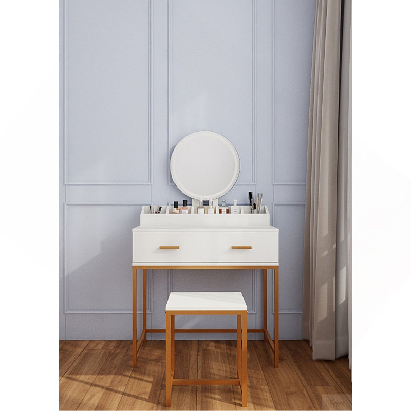 Vanity Set With Mirror And Stool - Makeup Vanity Table With Storage Drawers And Organizer, White And Gold, Space-Saving Design For Small Bedrooms