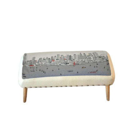 38" Cream Wool and Brown Ottoman