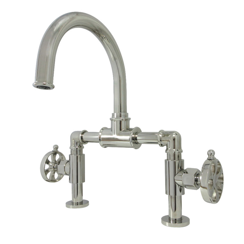 Kingston Brass Belknap Two-Handle 2-Hole Deck Mount Bridge Bathroom Faucet with Pop-Up Drain, Polished Nickel