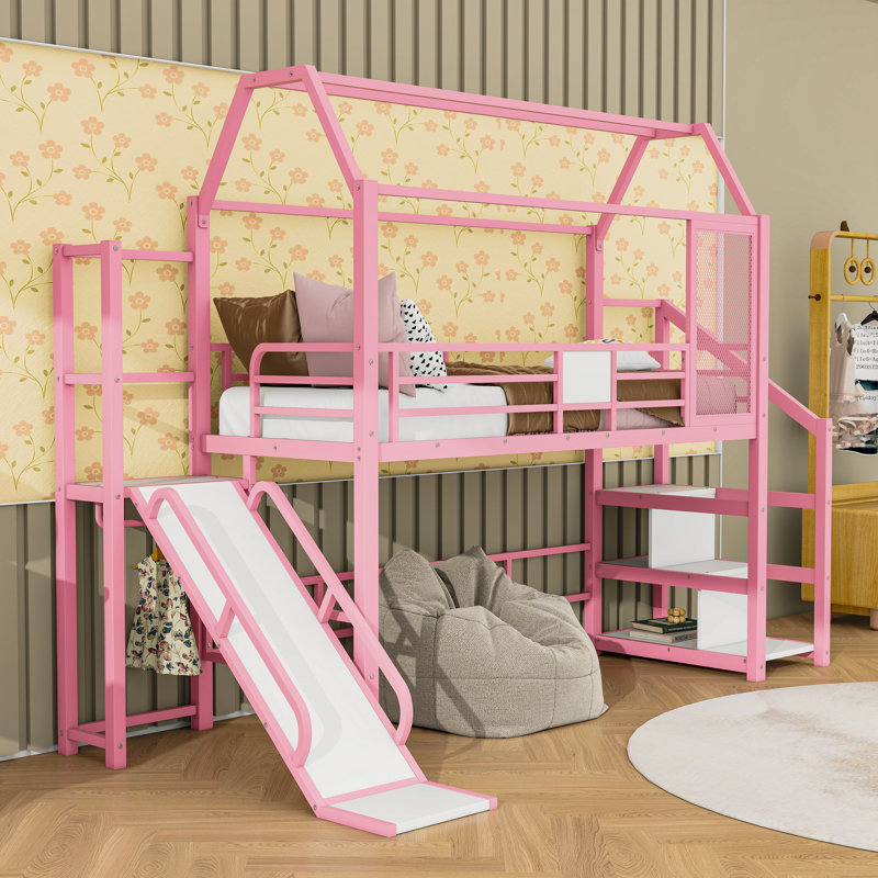 Lit mezzanine avec glissade et escalier House, Simple, Rose
