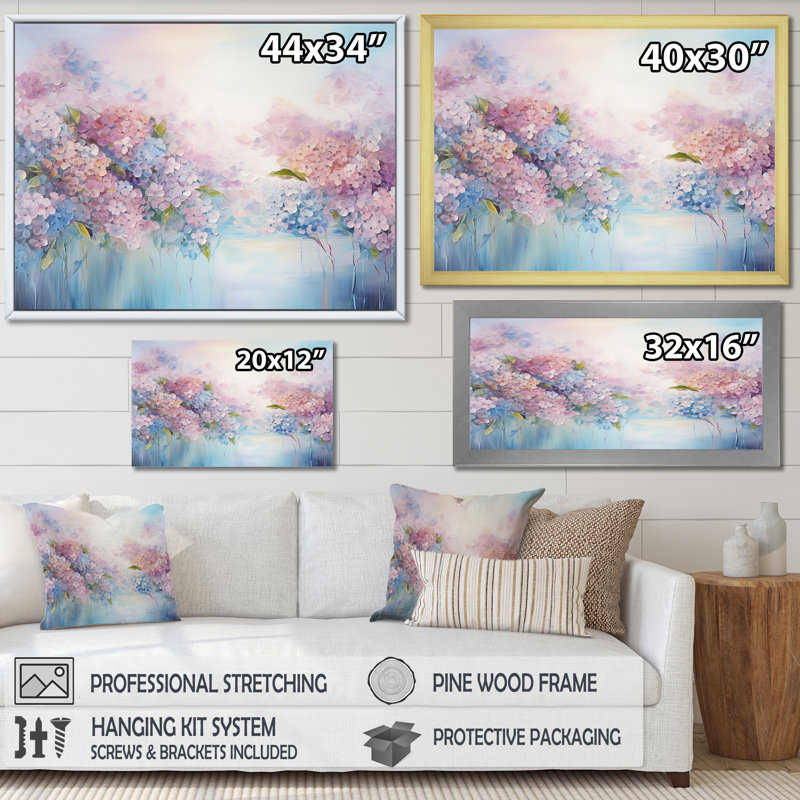 Hortensia bleue et rose Solitude dans la nature - décoration murale champ de fleurs, Cadre simple blanc