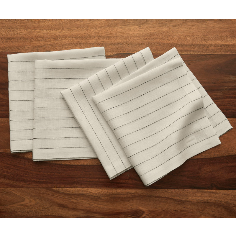 Pinstripe - 100% Pure Linen Dinner Napkins, Ivory/Black