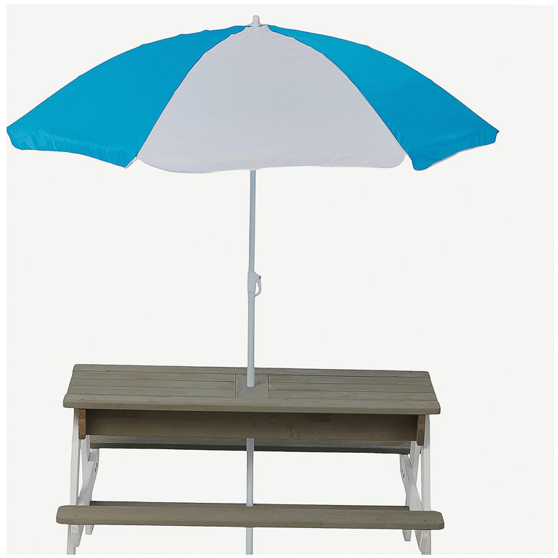 Table de pique-nique en bois pour enfants, table de sable et d'eau avec parasol, table d'activités pour jouer sur la terrasse