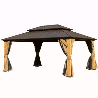 12X16ft Cedar Wood Gazebo, Solid Wood Hardtop Gazebo With Galvanized Steel Double Roof, Netting & Curtains, Outdoor Gazebo For Patio, Backyard, Deck