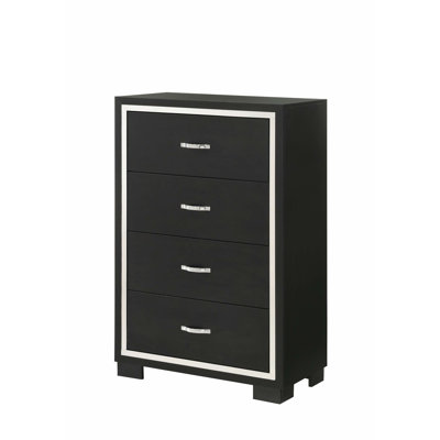Commode de chambre à coucher moderne en bois à 4 tiroirs avec poignées en métal élégantes pour un rangement élégant et une organisation de l'espace.