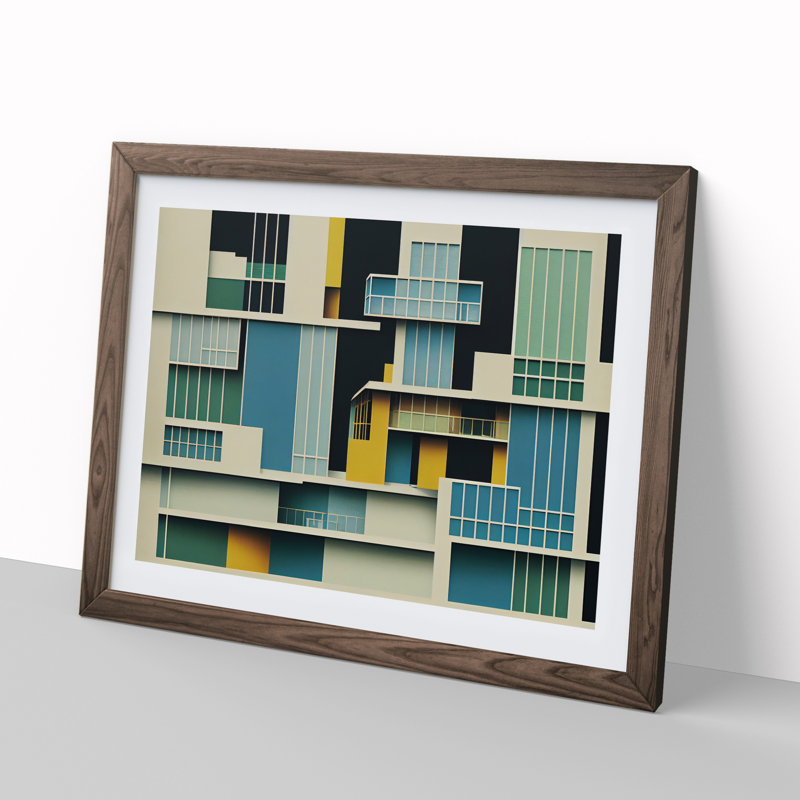 XH1022-6054X Modern Bauhaus Architecture Abstract - Single Picture Frame Print, 46cm H x 64cm W, Walnut