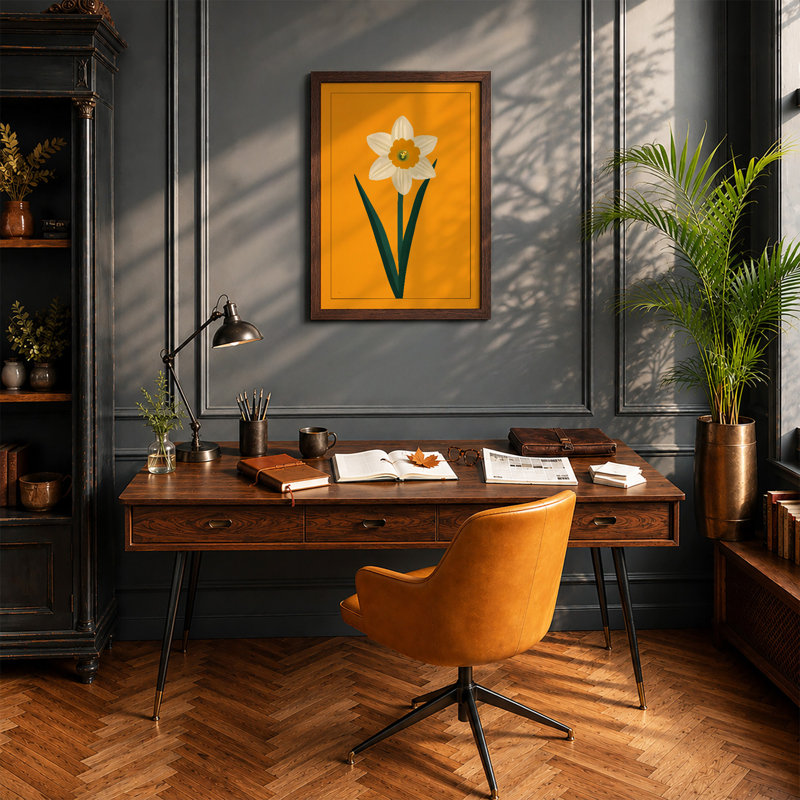 Daffodil Study Botanical - Framed Print, A4 - 29.7 x 21.0 cm, Walnut