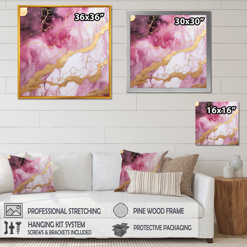 Essence de marbre rose et or III - décoration murale en marbre, H 16 po x l 16 po x P 1 po, Toile tendue