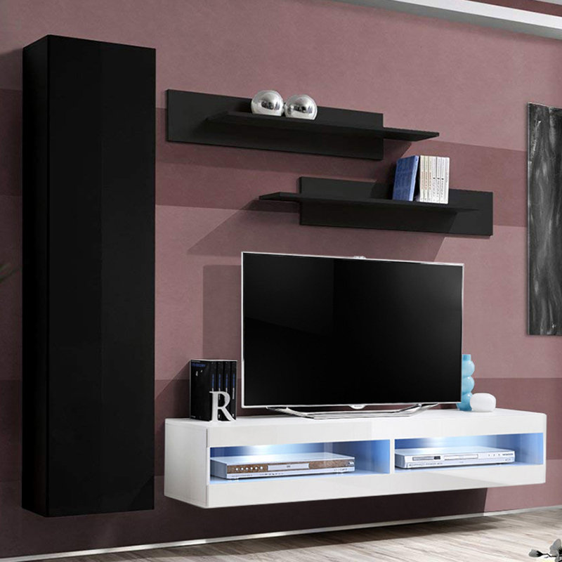 85" Modern Floating Wall Mounted Entertainment Center with 16-Color LED Lighting, High Gloss Finish, Black/White