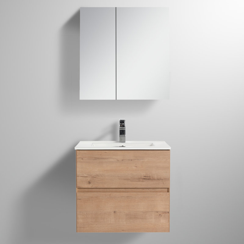 Meuble-lavabo mural 24 po avec lavabo - Armoire murale en bois avec plateau en céramique, tiroirs à fermeture en douceur et meuble-lavabo simple moderne
