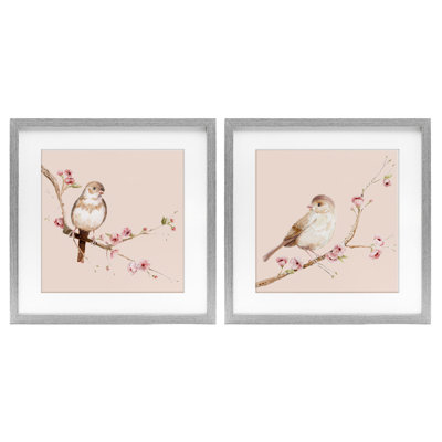 Sweetest Brown Birds Branch 2pc Framed Print Under Glass Set, design by Lisa Wehmeyer