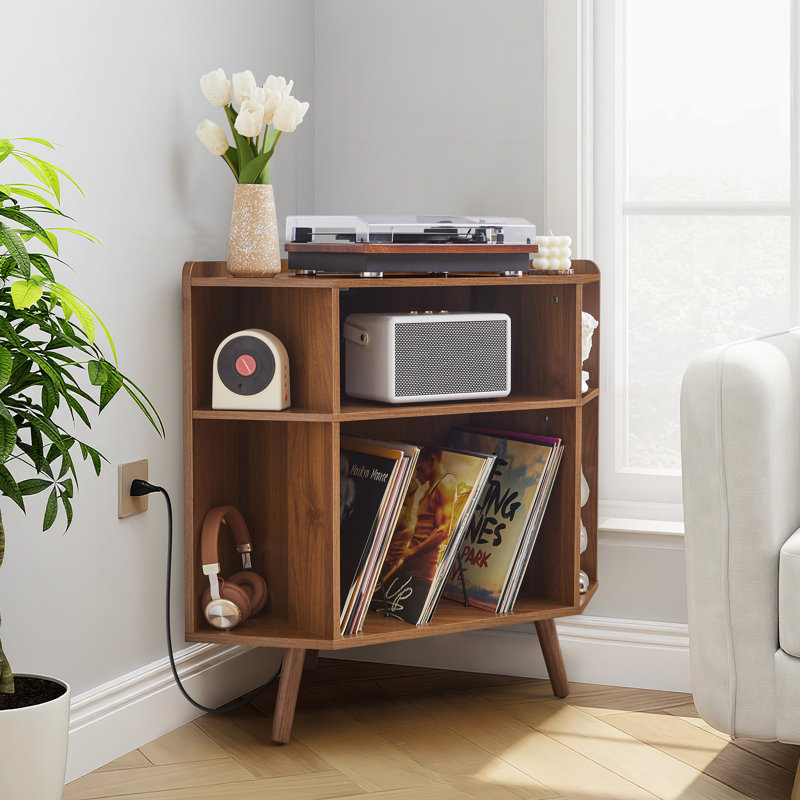 Support de tourne-disque de coin avec station de charge, Noyer