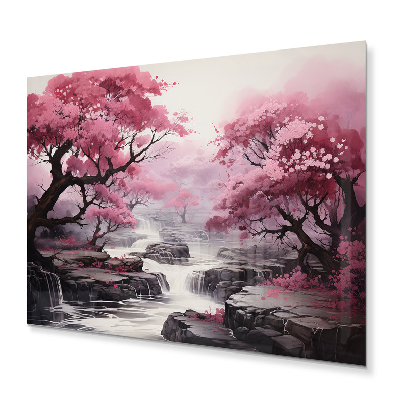 Pink Trees Waterfall Endless Journey - Landscapes Metal Wall Decor, 12" H x 20" W x 1" D