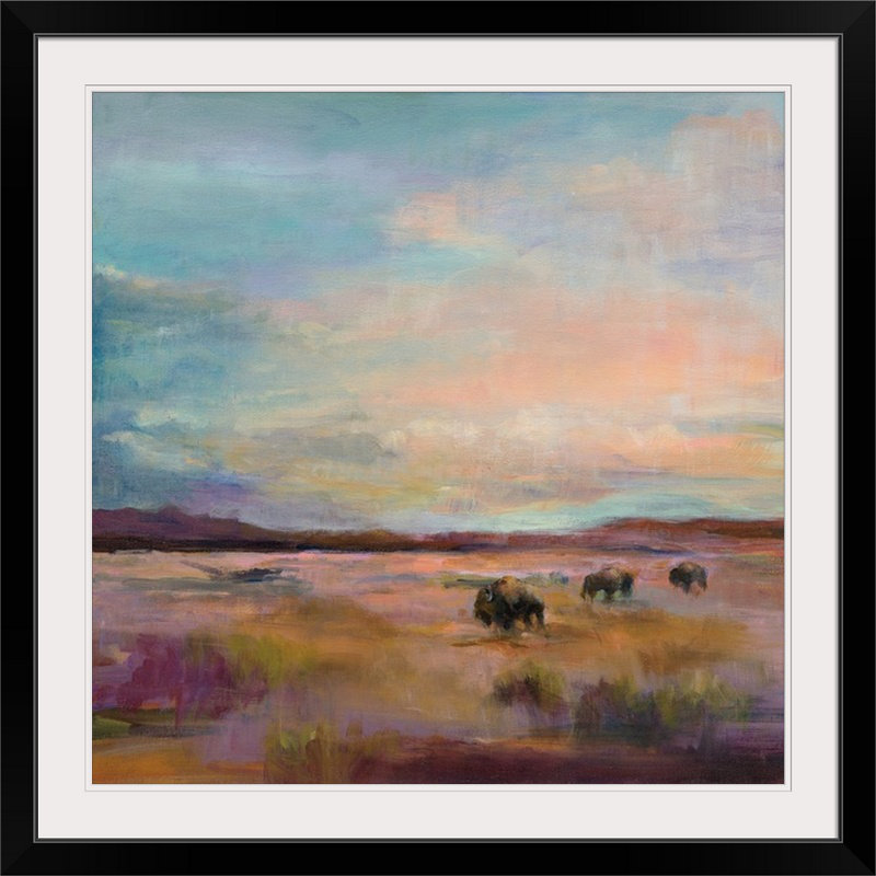 «Aighleigh Buffalo Under Big Sky» par Marilyn Hageman, reproduction d'art, H 32 po x l 32 po x P 1 po, Cadre noir