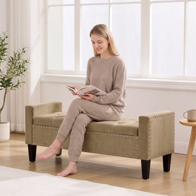 Banc coffre ottoman de 165 cm pour salon, grand banc de lit en velours avec accoudoirs