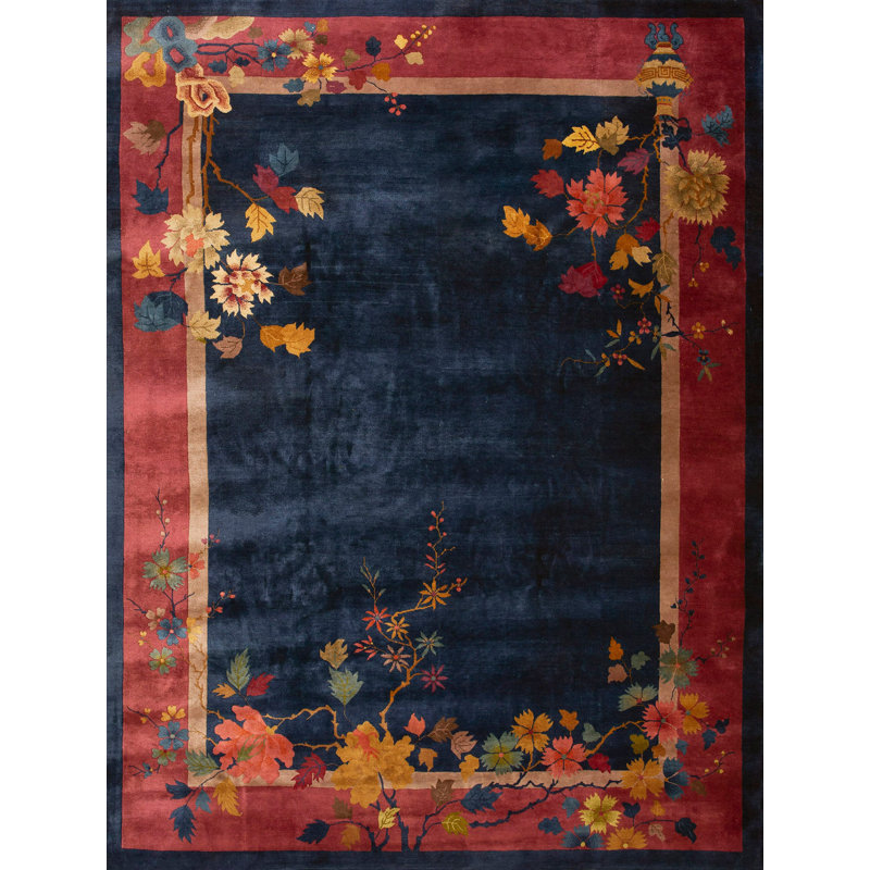 Antique Navy Blue Field Color Floral Art Deco Chinese Allover Rug