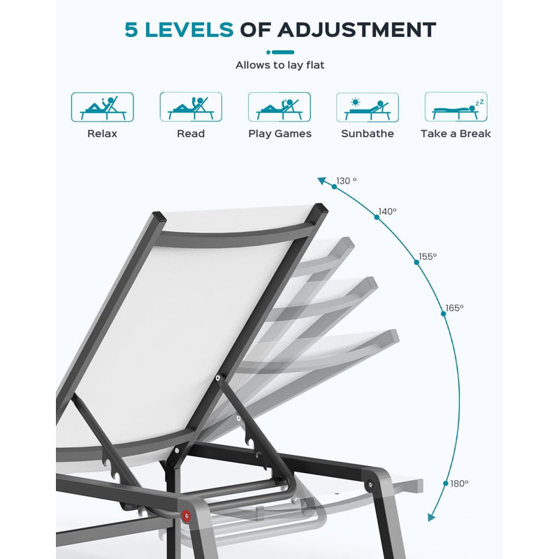 Outdoor Aluminum Lounge Chair - Foldable, Assembly-Free, with 5 Adjustable Backrests, White