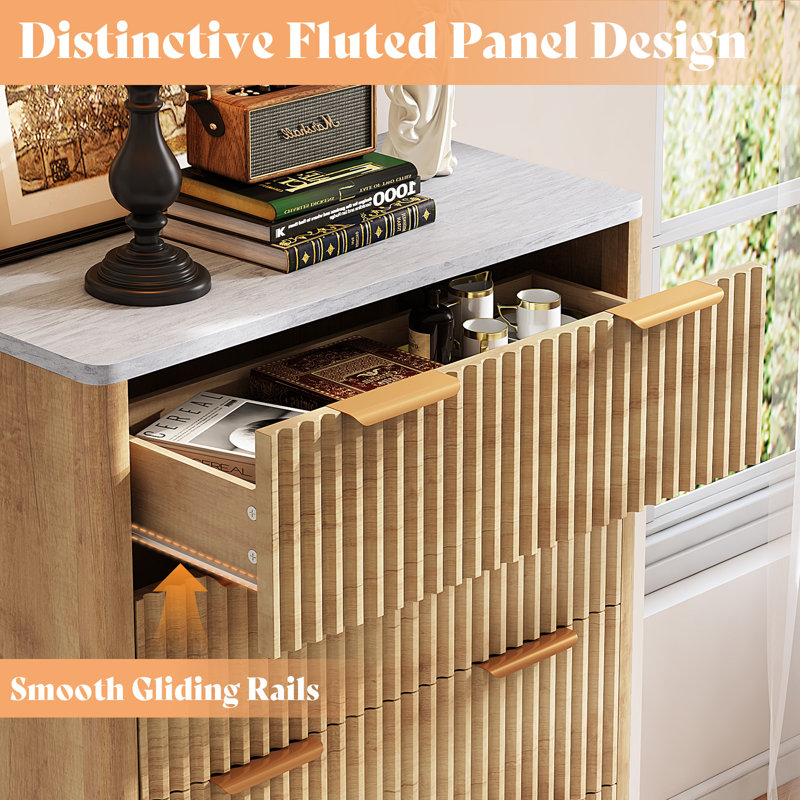 Gerius Fluted 5 Drawers Dresser, Yellow, Yellow