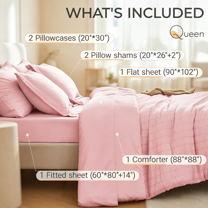 Ensemble de couette rose 7 pièces en seersucker pour lit queen