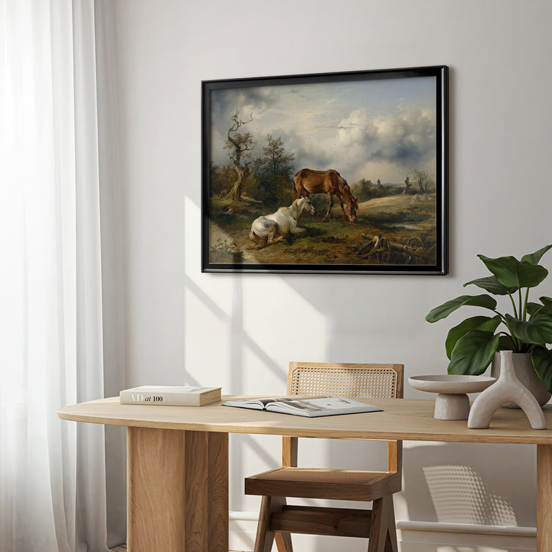 Chevaux dans un pré (Pferde auf der Weide) -Friesrich Gauermann-Toile tendue avec châssis-c. Milieu du 19e siècle, Noir