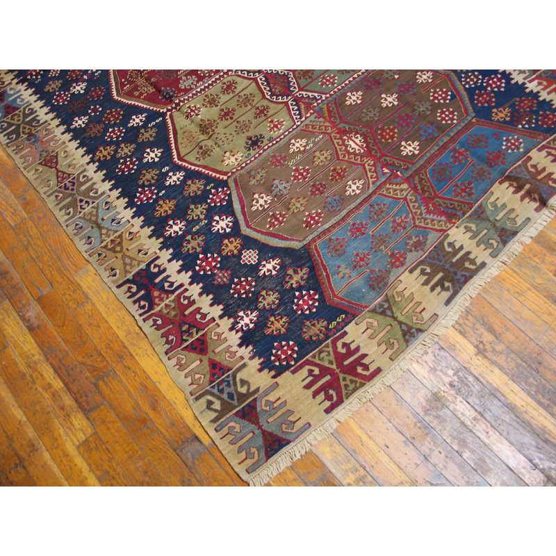 Blue Antique Tribal Geometric Mid 19th Century Turkish Kilim Long and Narrow Size Flatweave Rug