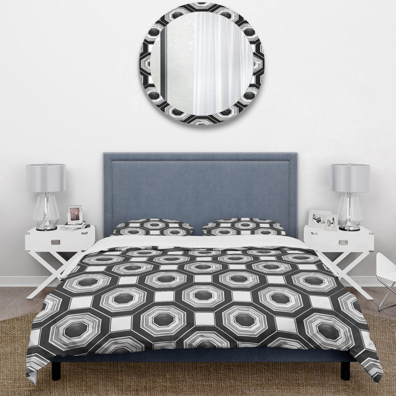 Ensemble de housse de couette noir et blanc Hexagon IV - Mid-Century, Housse de couette pour grand lit + 2 taies décora