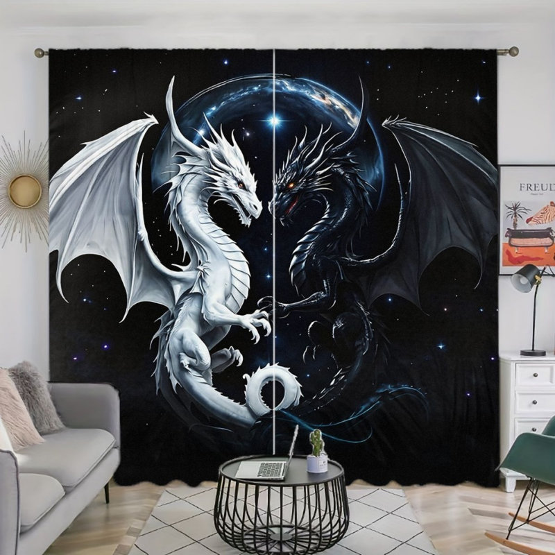 2 pièces de rideaux filtrant la lumière avec dragon galaxie céleste et étoiles, L 52 po x H 84 po x 2 pièces