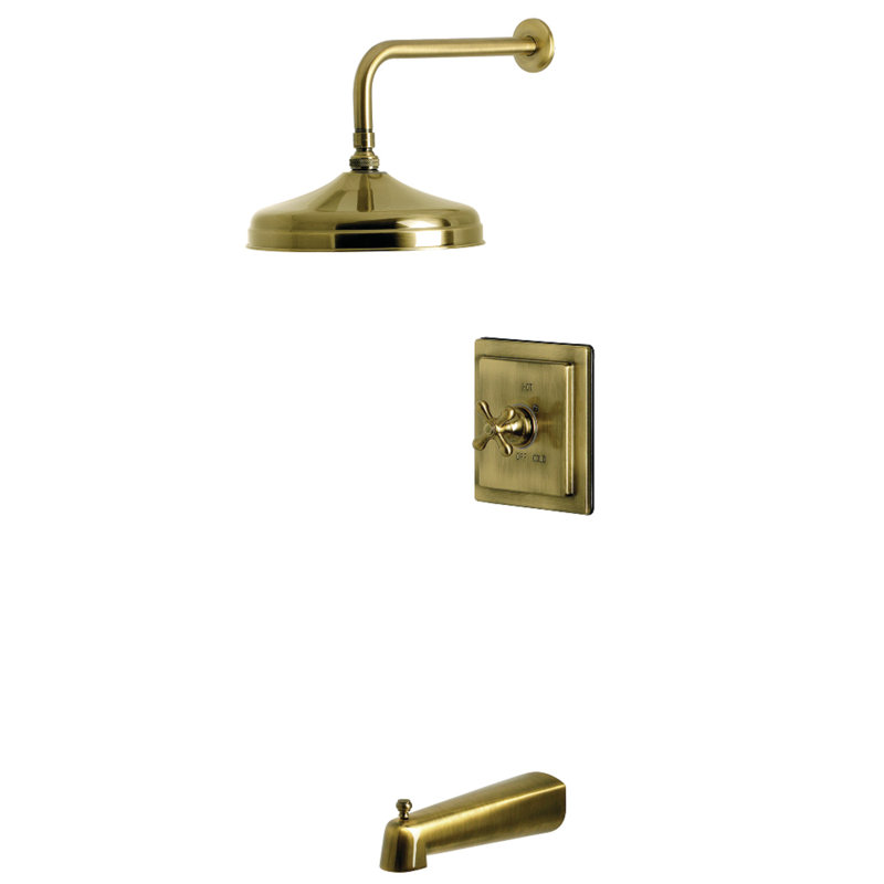 Robinet de baignoire et de douche à pression équilibrée à poignée simple Kingston Brass, Laiton antique, Poignées croix