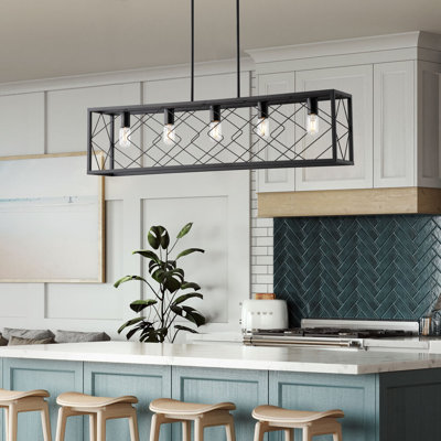 Verinda 5-Light Linear Vintage Rectangle Black Finish Pendant Chandelier