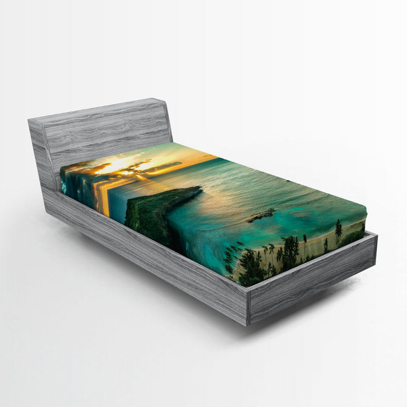 Ensemble de 2 draps-housse hawaïens Ambesonne Hanauma Bay sur Oahu turquoise vert jaune, Twin Fitted Sheet