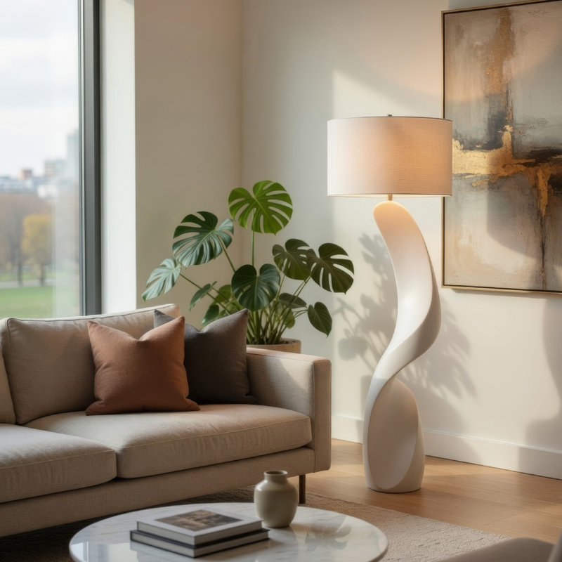 Koz Accent Floor Lamp, 66 Inch Curved Sculpture, White Linen Shade