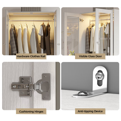 Armoire-penderie 75 "avec tiroirs et lumières, armoire de rangement pour vêtements avec 2 portes en verre 