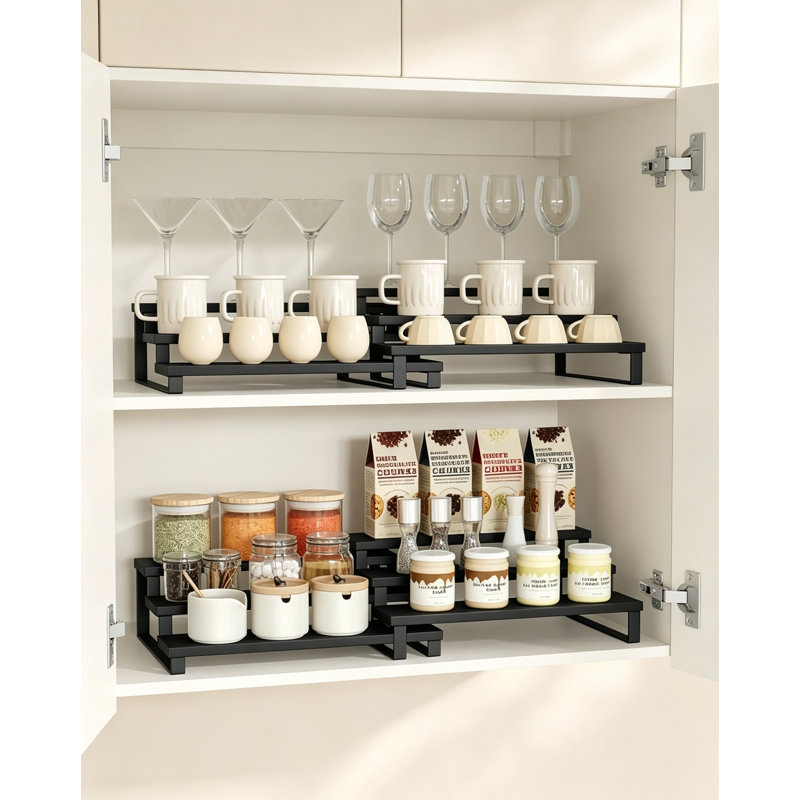 3-Tier Extendable Cabinet Shelf Organisers Set of 2, Black