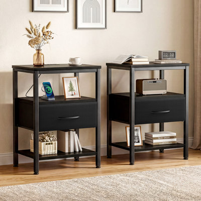 Carlisa Nightstand with Built-in Charging Station, Bedside Table with Adjustable Fabric Drawer and 3-Tier Storage End Table