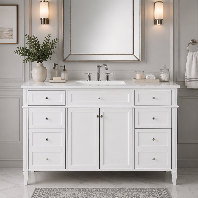 Freestanding Standard Free Standing Single Double Single Vanity Bathroom Vanity With Top, White