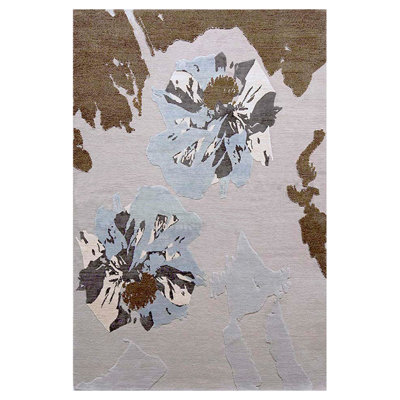 Tapis unique brun / ivoire / bleu clair noué à la main 6 pi x 9 pi Opium