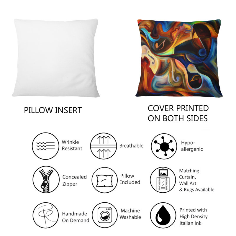 Coussin décoratif à imprimé moderne bleu, orange et jaune sur fond noir